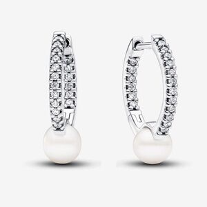 Pandora Elegant Silver and White Small Pearl Hoop Earrings NWOT